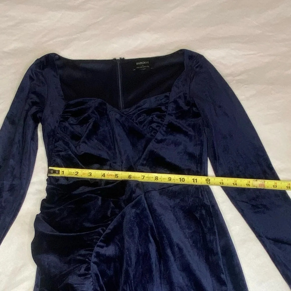 BARDOT Xena Ruched Velvet Mini Dress size MED Navy Sweetheart Neck Long Sleeve - Picture 5 of 7